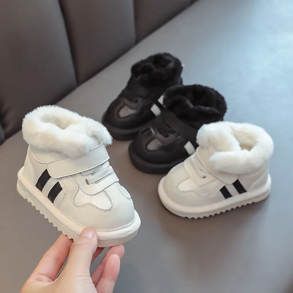 Botas de nieve de invierno para niños, zapatos de algodón de cuero PU para niños pequeños, botas de felpa gruesas y cálidas impermeables, botas de piel sintética antideslizantes