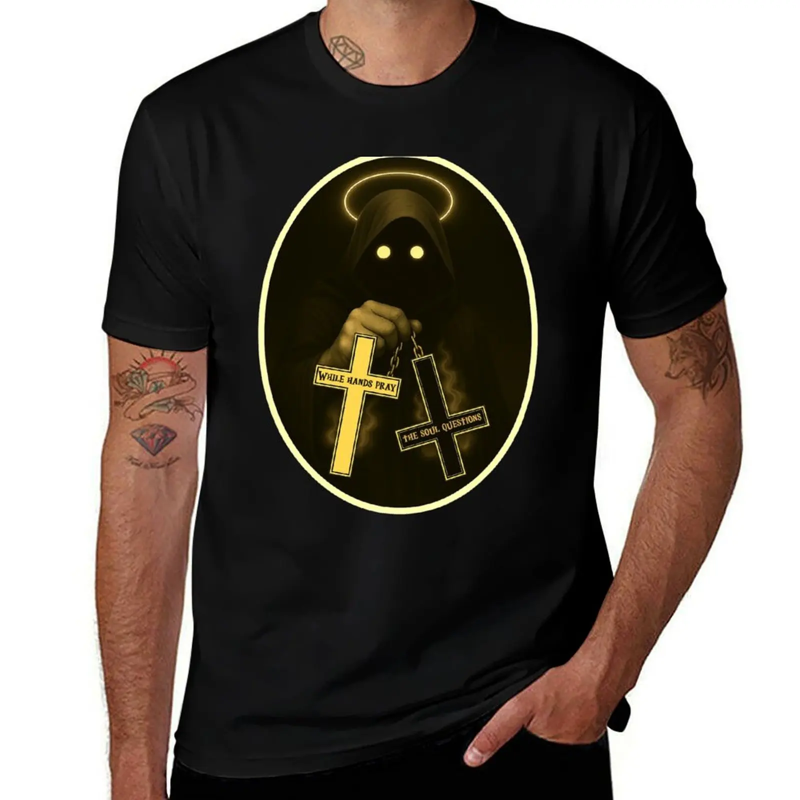 

Kharon's Halo - While hands pray, the soul questions (oval) T-Shirt Clothing man clothes heavy weight t shirts for men
