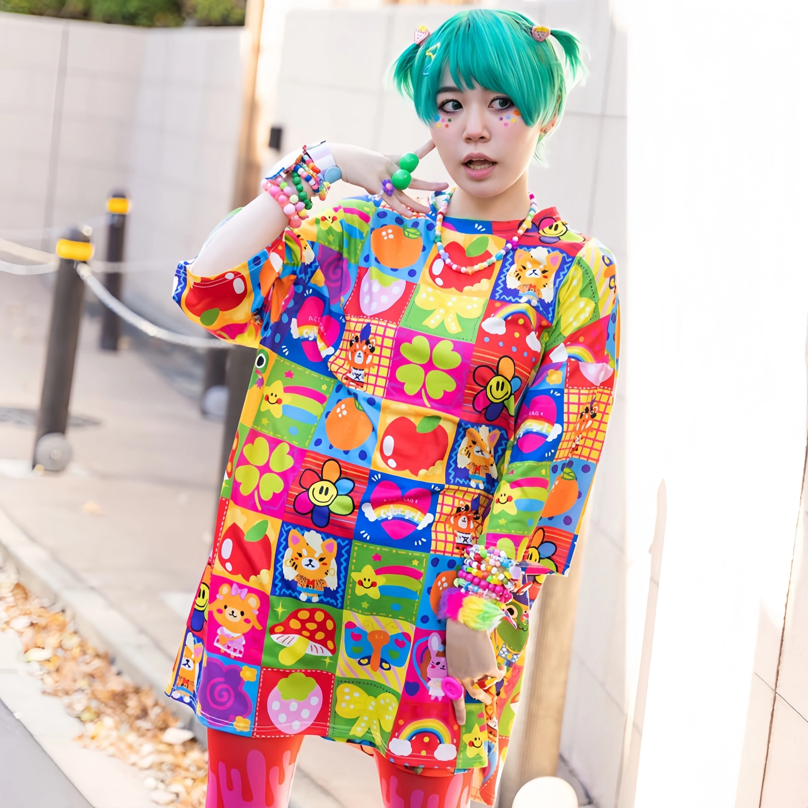 Girl Cute Harajuku Style Short Sleeved T-shirt Rainbow Cartoon Checkered Full Print Round Neck Summer Daily Street Top