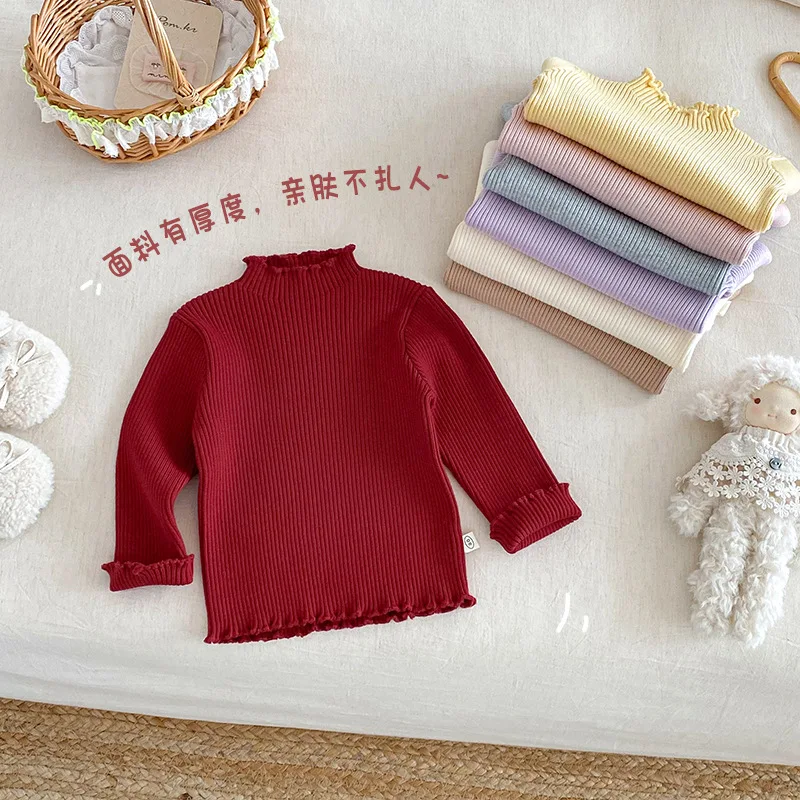 Girls' Solid Color Thick Sweater 2025 New Winter Baby Stylish Simple Knitted Pullover for Children's Inner Wear