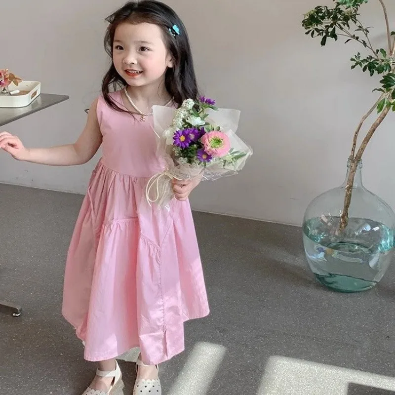 

0-7Y Girls Summer Vest Dress Fashionable New Style Children's Simple Cotton Countryside Dress