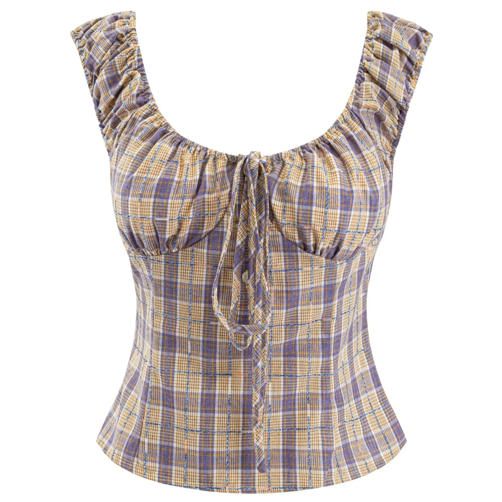 CHIC Gingham Plaid Bow V Collar Elastic Strap Tank Top Slim Corset Women Lacing up Sashes Back Lace Hem Side Zipper Crop Vest
