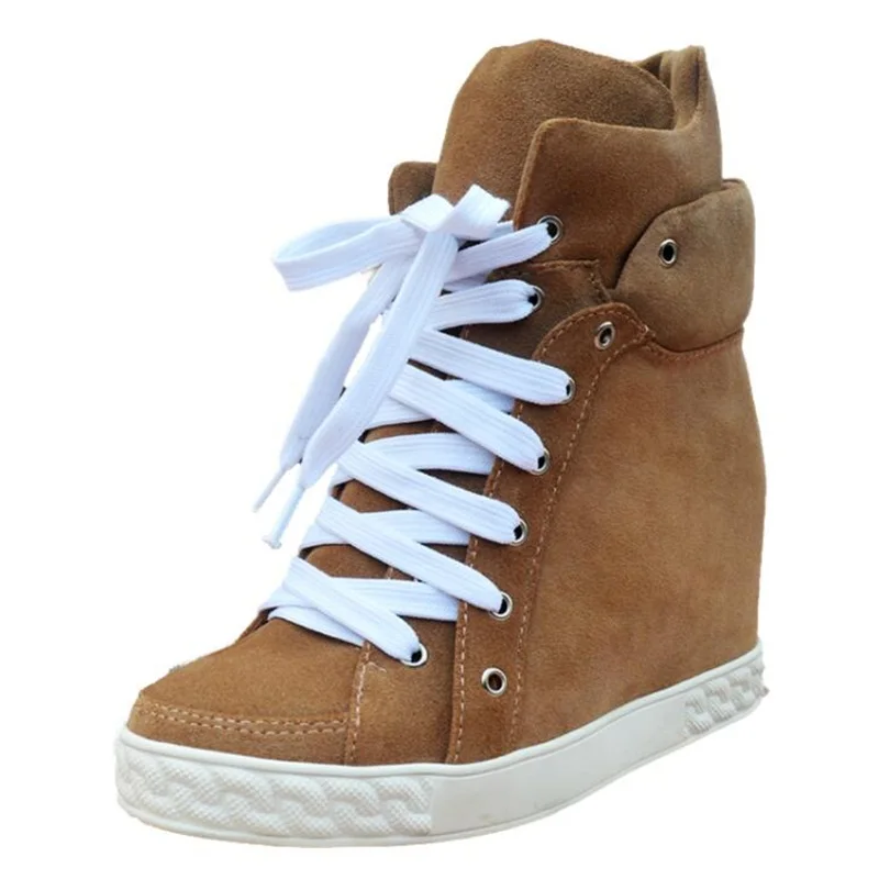 Women Height Increasing Ankle Boots Round Toe Rubber Sole Lace-up Wedge Platform Sneakers Candy Color Leisure Shoes