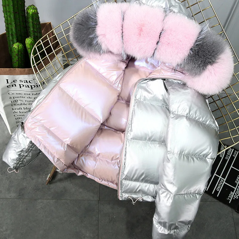 Women\'s Faux Fox Fur Hooded Outwear, Double-Sided Wear, Glossy Coat, Loose, Warm, Short, Silver, Pink, Winter Fashion, New