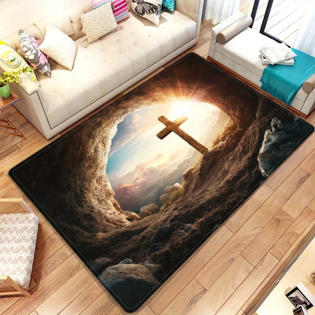 Religious cross cave rug spiritual Christian art living room carpet inspirational sunrise scene soft plush floor mat