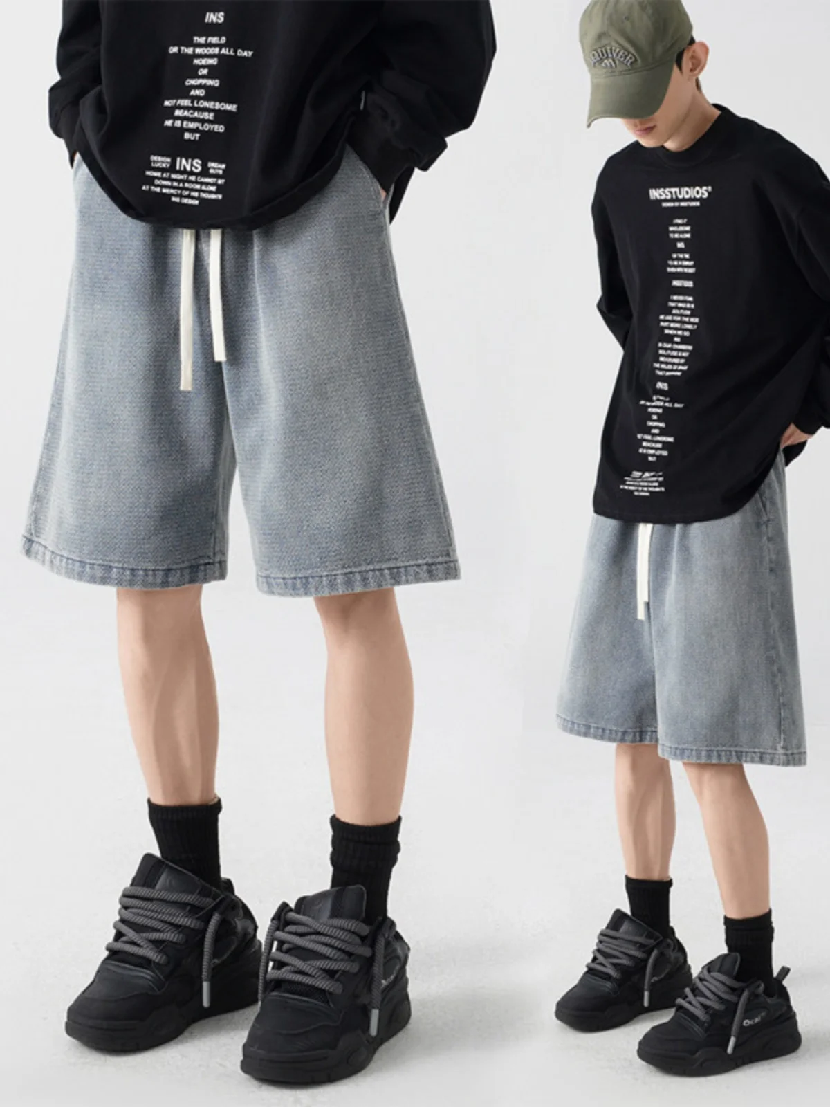 

Summer Trendy American Retro Starry Pattern Loose Fit Casual Men's Denim orts Straight Leg Dstring Waist Jeans