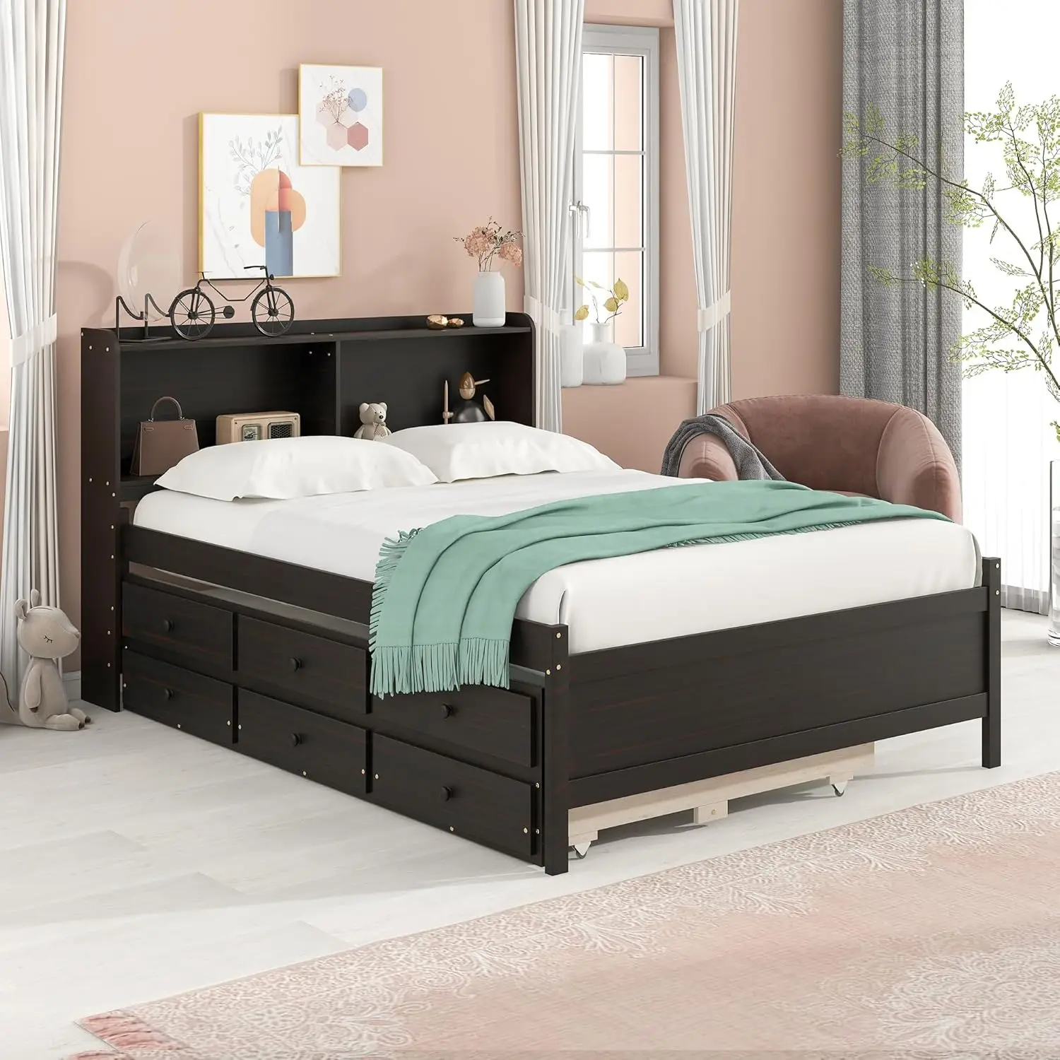 

Size Bed Frame with Trundle and Bookcase Headboard, Wood Platform Beds with Storage Drawers and Slat Support for Kids Boys Girls