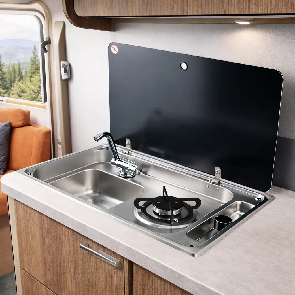 

304 Stainless Steel RV Gas Stove Sink Combo with Tempered Glass Lid Single Burner for Camper Caravan Marine Boat Kitchen