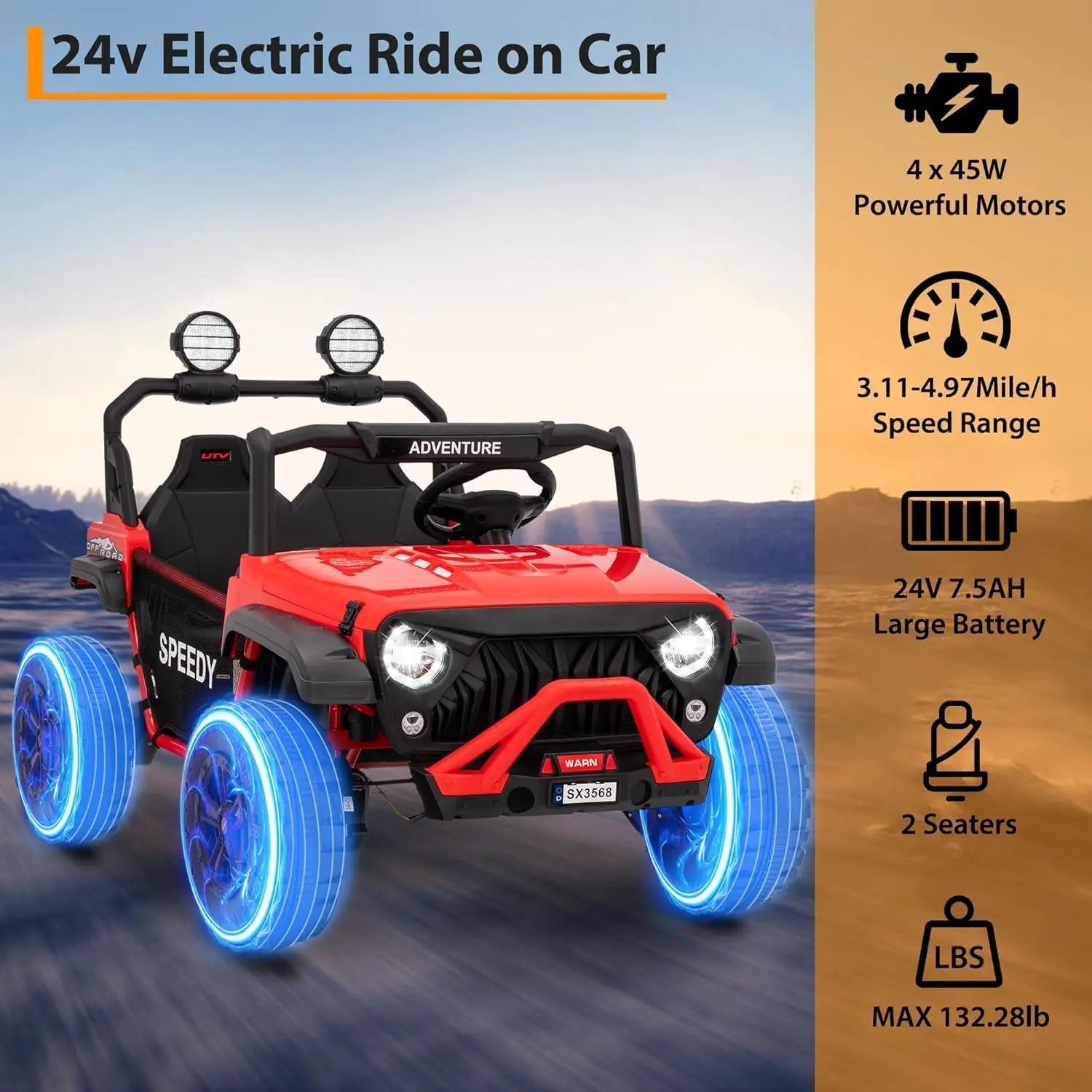 24V kinderpeuterrit op vrachtwagen 7AH grote batterij elektrische voertuigen met afstandsbediening 4WD, 3 snelheden LED-verlichting Bluetooth MP3