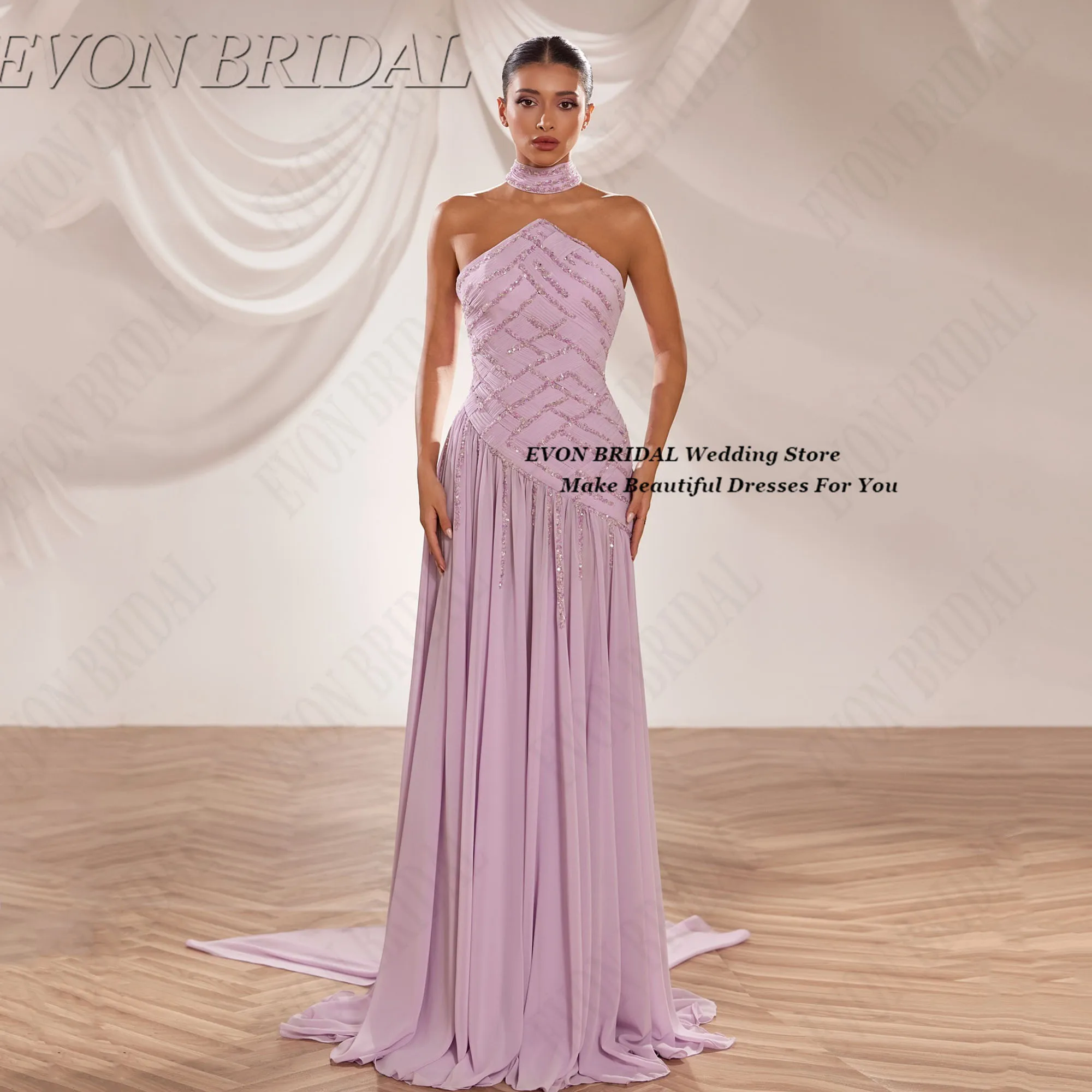 

Сверкающее шифоновое вечернее платье по индивидуальному заказу, плиссированное фиолетовое модное свадебное платье без бретелек для гостей, платья de fiesta EVON BRIDAL