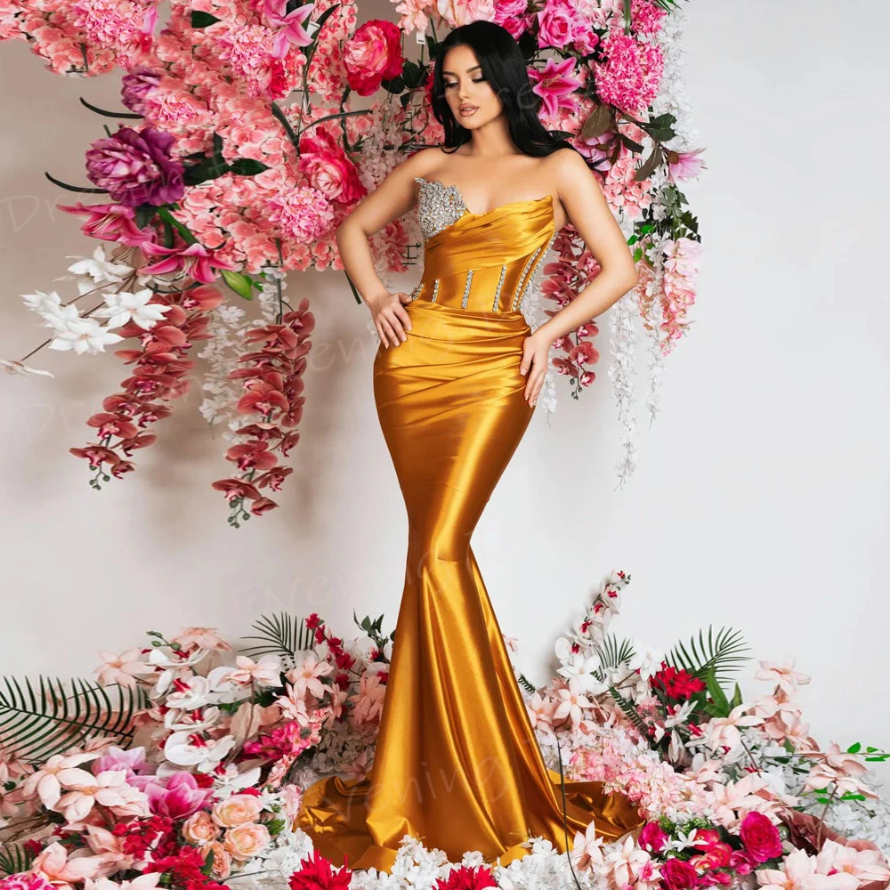 Graceful Popular Gold Mermaid Modern Women's Evening Dresses Charming Strapless Beaded Prom Gowns Formal Party Vestido De Noche