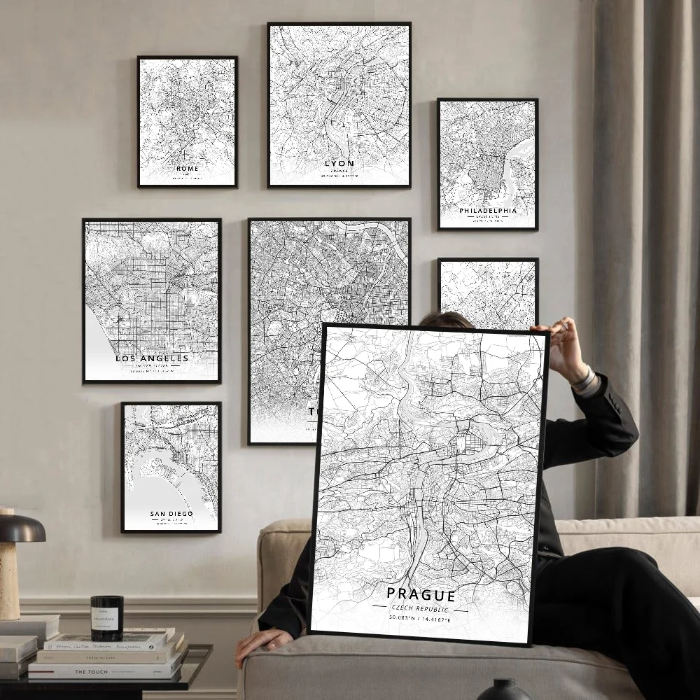 Parigi roma roma Dubai milano nero bianco mappa della città poster Vintage Sticky Vintage Room Home Bar Cafe Decor Kawaii Room Decor