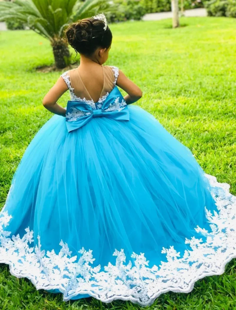 

Little Princess Pageant Dresses With Bow Lace Tulle Flower Girl Dress for Wedding Kid Girls Birthday Party Gowns with Train