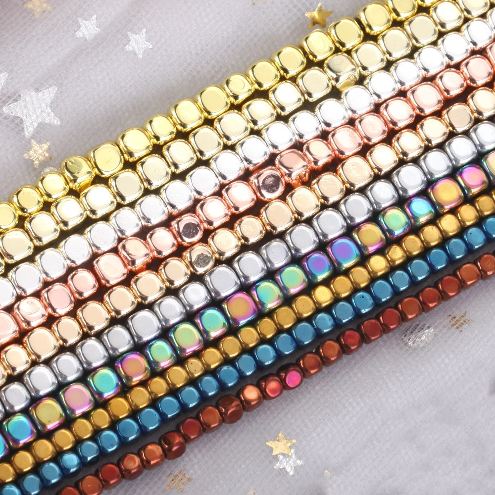 2/3/4mm Natural Stone Beads Rose KC Golds Colorful Plated Cube Square Hematite Loose Beads For Jewelry Making Diy Charm Bracelet