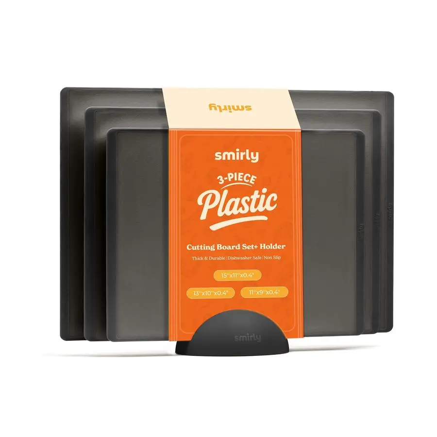 

Plastic Cutting Board Set with Holder 3 Pieces, NonSlip Dishwasher Safe Chopping Boards for Kitchen, Dark Grey