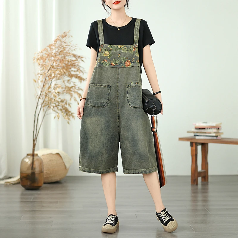 New Women's ort Denim Overalls Patchwork Print Thin Casual orts Pants Five-Quarter Length l Waist Summer Faion