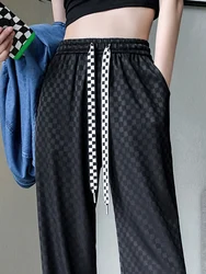 Women Straight Wide Leg Pants Summer High Waist Causal Trousers Plaid Checkerboard Solid Pants Korean Fashion Harajuku CI CHENG