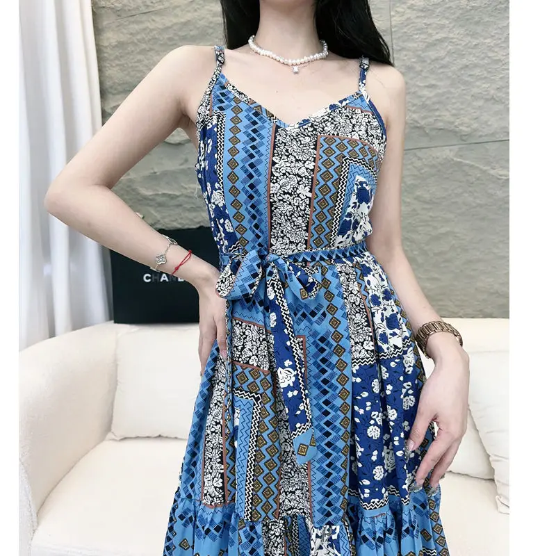 

2024 New Summer Vacation Prairie Chic Floral Camisole Dress Women Loose Patchwork Color Blocking V-neck Sleeveless Long Dress