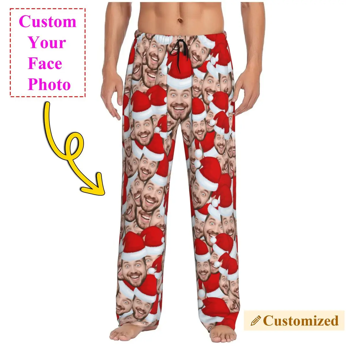 

Рождественское лицо, фото, персонализированные пижамные штаны на заказ, мужская одежда для сна с завязками для сна, низ с карманами