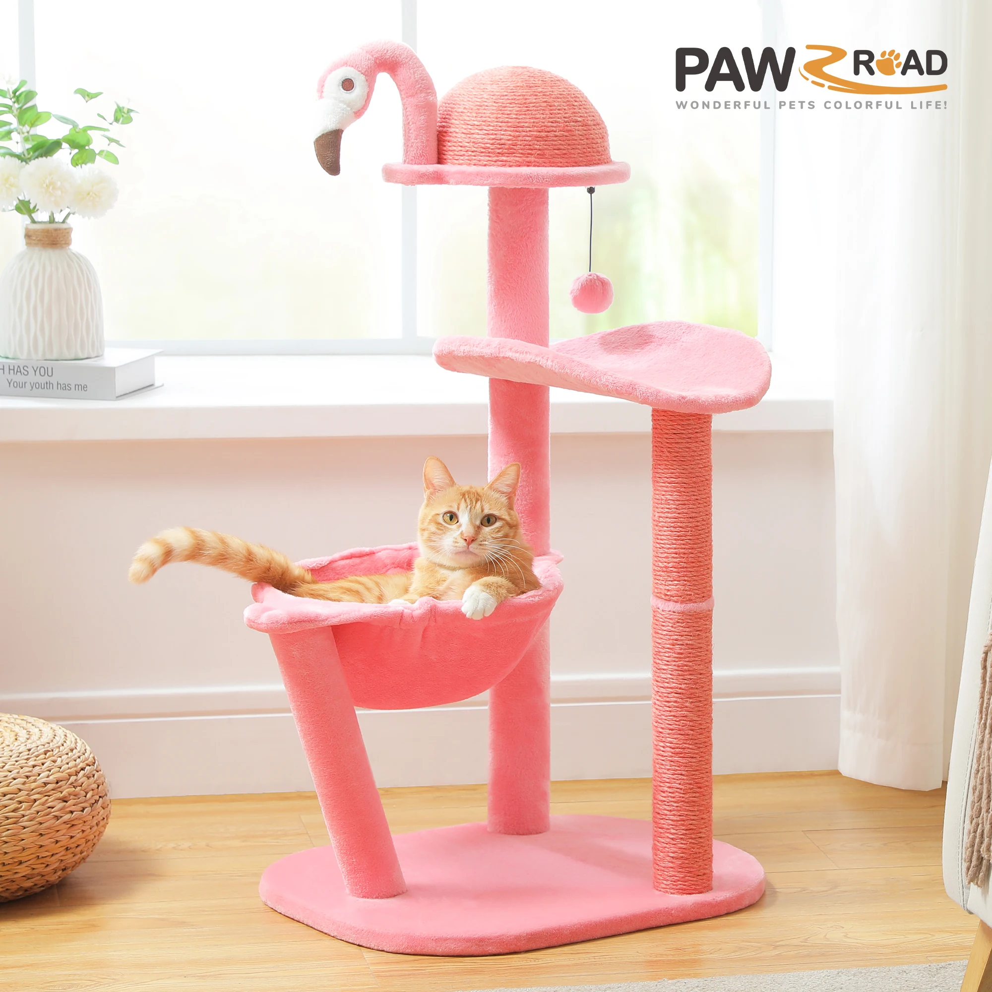 

Cute Cat Tree Flamingo Pink Cat Tower with Sisal Scratching Posts for Small Cats, Kittens Cat Scratcher with Cat Perch Hammock