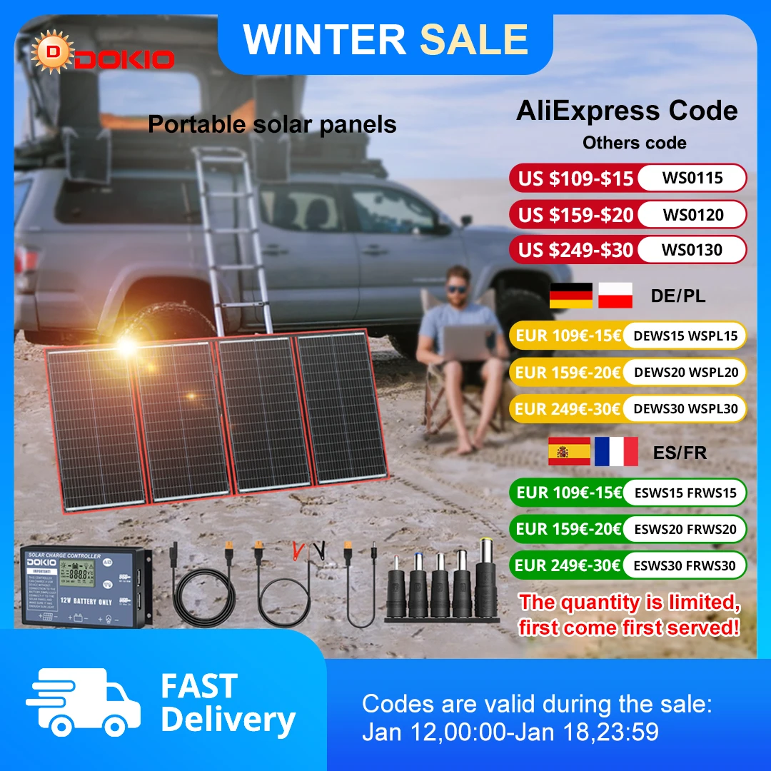 Pannello solare pieghevole portatile Dokio 300W 18V con controller 12V adatto per viaggi in campeggio in famiglia