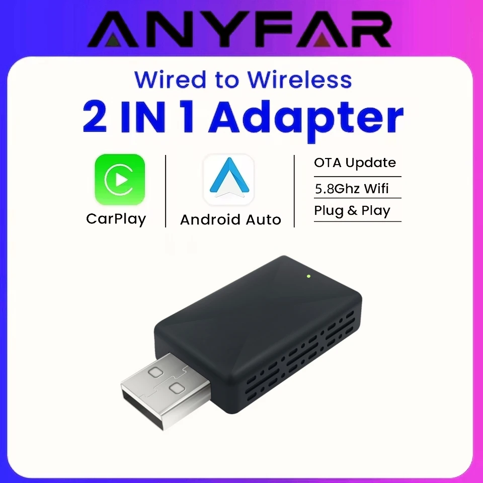 

Беспроводной адаптер Anyfar 2-в-1 для CarPlay и Android Auto, 5 ГГц Wi-Fi, USB, Plug & Play, 2026 год