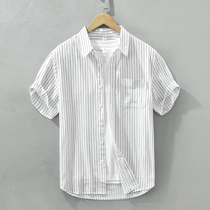 2023 New Summer Vertical Striped Short Sleeve Shirt for Men Casual Classical Tops Male Button Up Shirts Smart