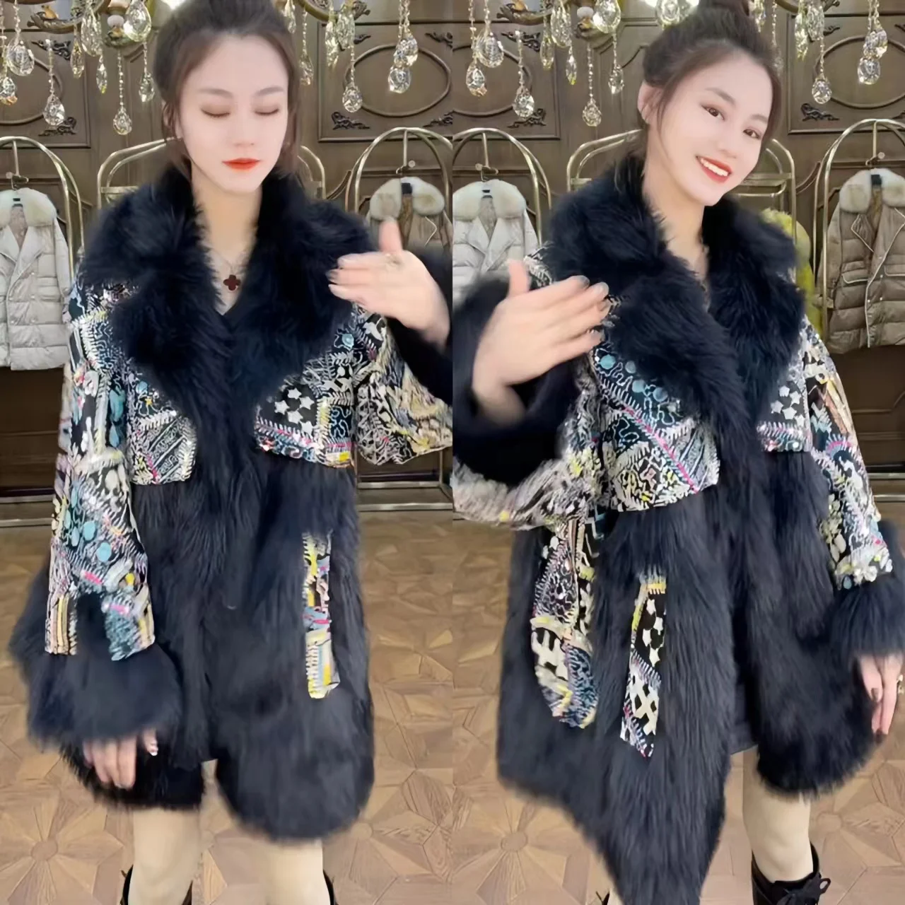 Faux Fur Coat for Women,Spliced Jacket, Sequins Overcoat, Loose Thicken Warm Coat, High Quality, Female Winter, New, 2024