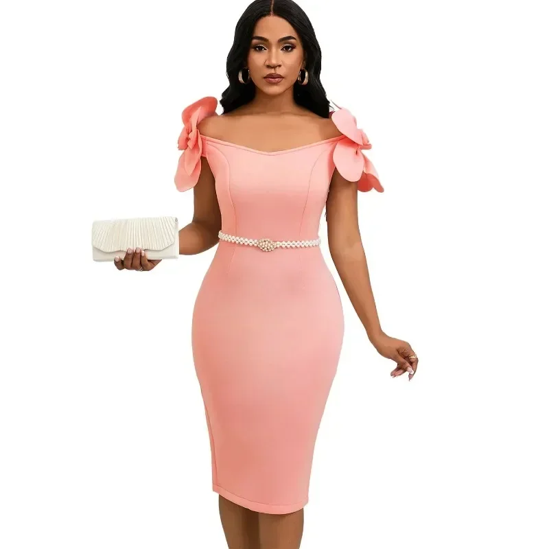 Vestido africano bodycon para mulheres, manga curta, poliéster, decote em v, roupas midi, vestidos de noite, roupas de festa