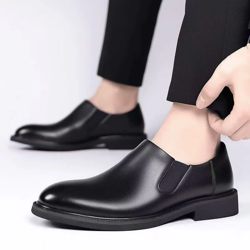 Men Round Toe Slip On Leather Dress Shoes, Breathable Comfort Business Formal Work Outdoor Casual Footwear