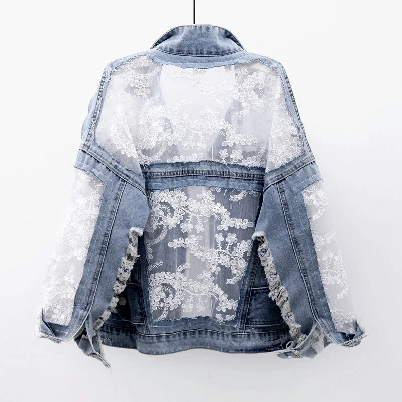 

Chaquetas Mujer Summer Spring Streetwear Embroidery Lace Patchwork Sexy Denim Jacket Women Frayed Tassel Loose Jeans Coat