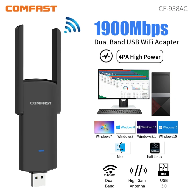 RTL8814AU 802.11AC 1900Mbps USB3.0 WiFi Adapter 2x3dBi Antena Para PC Cle Win7/8/10/11 Kali Linux Monitor Mode Gigabit Adaptador