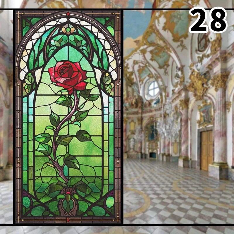 Colorful 3D Rose Design Stained Glass Window Privacy Film Static Cling Decals for Home Office Wedding Background Decor