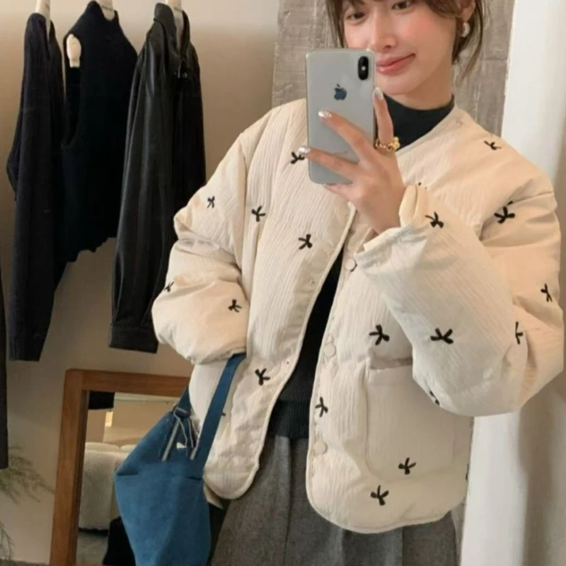 Women's 2026 Autumn Winter French Sweet Bow Print Quilted Jacket Cropped Vintage Thick Warm Elegant Chic Coquette Trendy