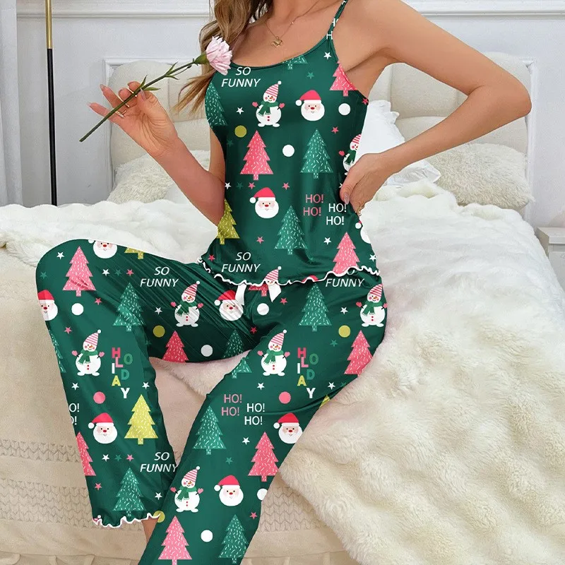 

Christmas Women Pajamas Set Sexy Suspender Pants Nightwear 2 Piece Pyjama Set Girl European American Style Sleepwear Homewear