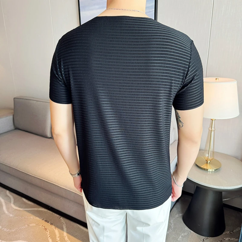 Thin Section Traceless Stretchable Short-Sleeved Sweater, Men's Hollow Horizontal Striped Short-Sleeved T-shirt, 2024 Summer