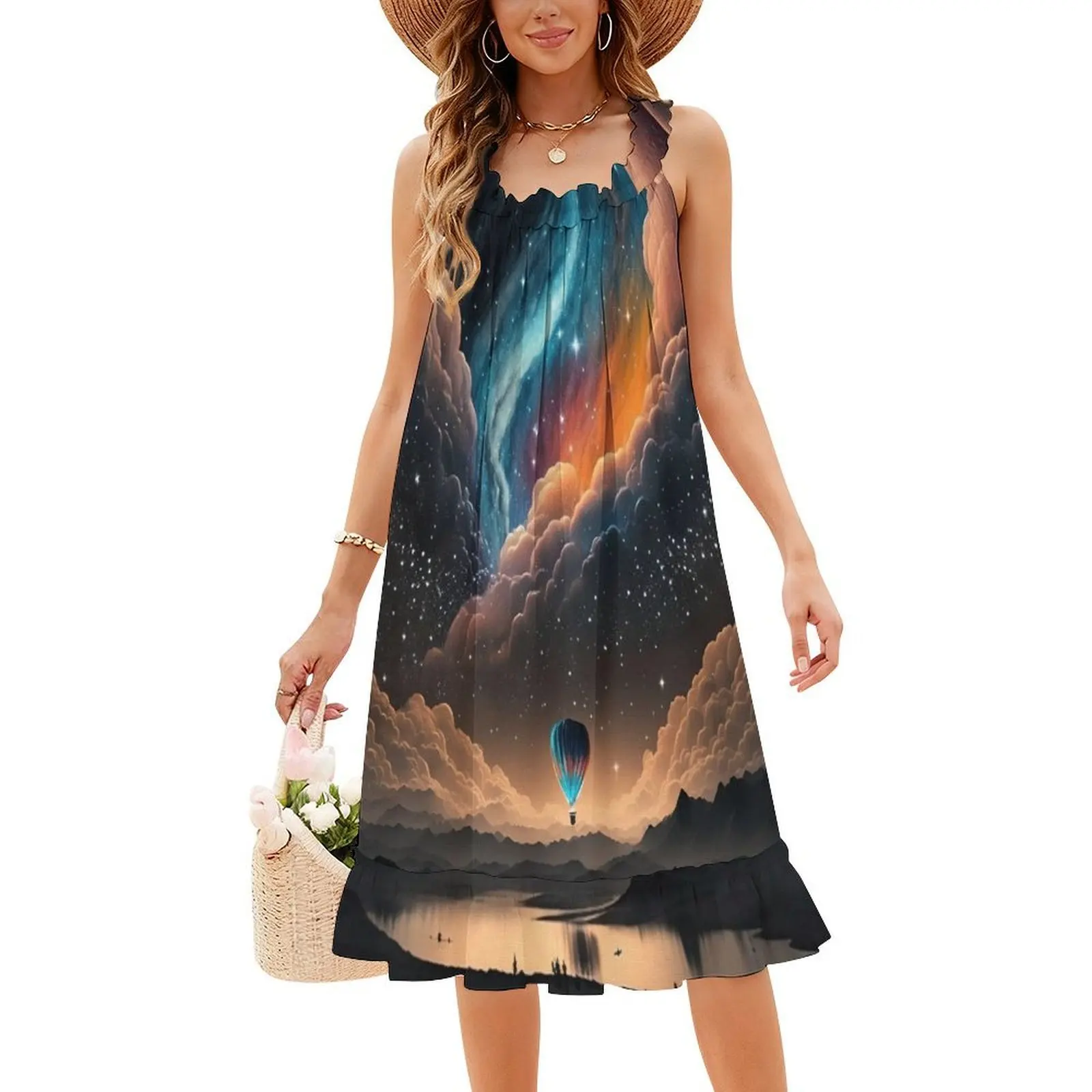 منطاد الهواء الساخن الفن العائمة فوق بحيرة مضاءة النجوم البوهيمي فستان بلا أكمام متعدد الطباعة شاطئ عطلة فستان الحفلات منطاد الهواء الساخن #4