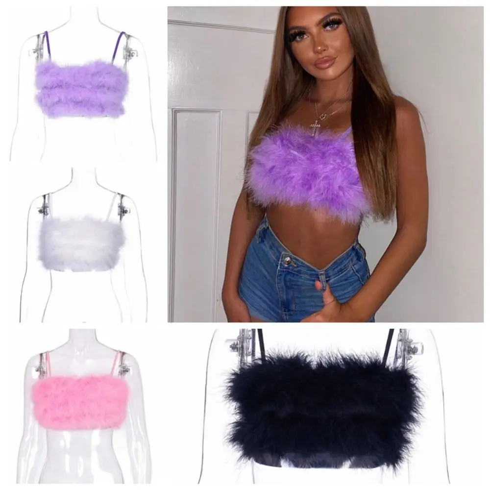 Elegant Clubwear Fluffy Mini Crop Top Vest Spaghetti Strap Plush Tube Top Mini Plush Camisole Tank Top Travel