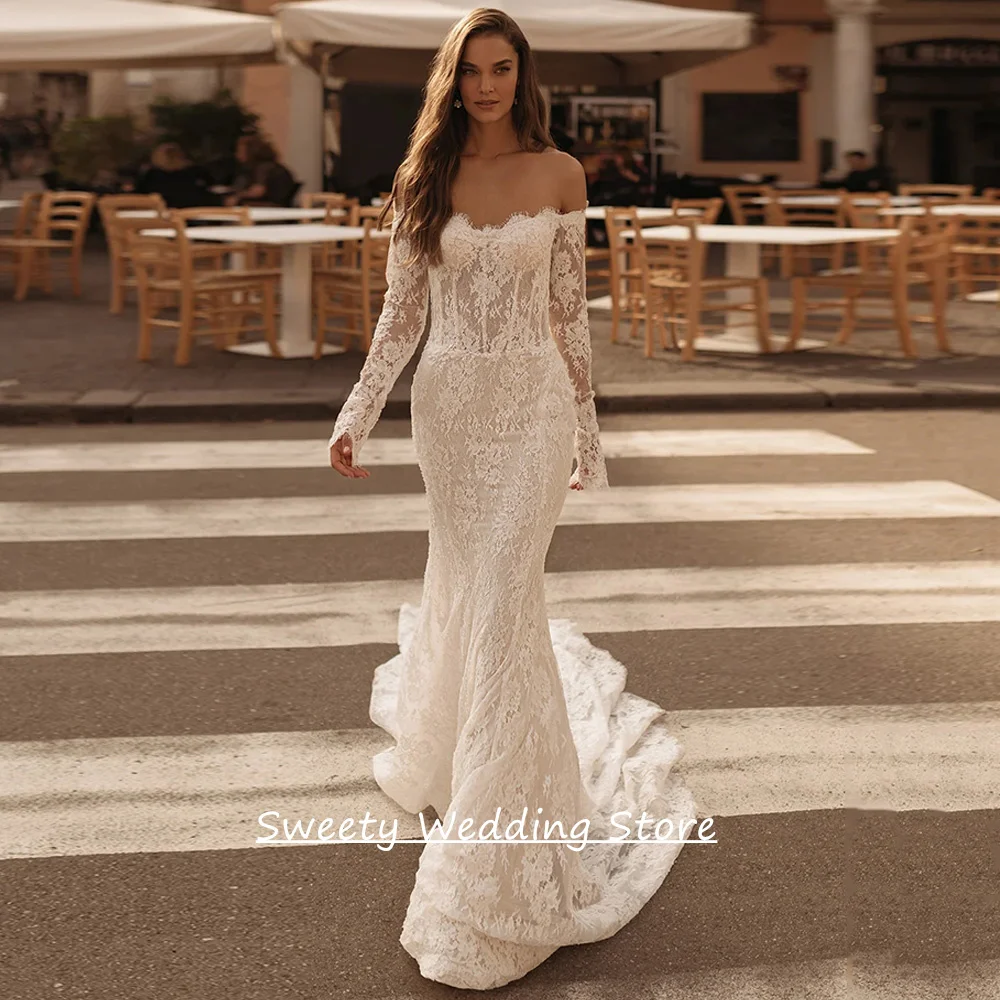 

Romantic Lace Mermaid Wedding Dress Customized Long Sleeves Illusion Applique Court Train Woman Bridal Gown Robe Mariage