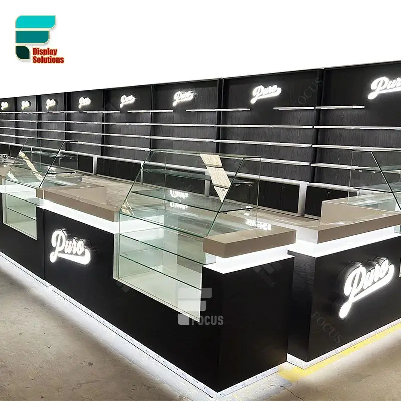 (Customized) custom cigar shop design counter glass cabinet custom shop fitting smoke shop display with LED lights