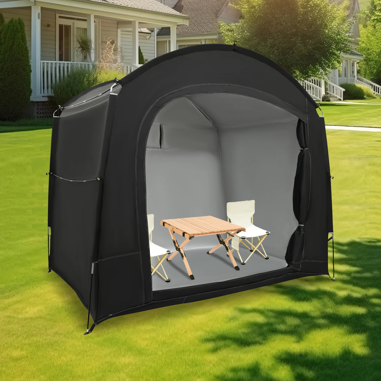 

Black Bike Storage Tent (86.61x59.06x72.83in) - 210D Oxford Cloth&Fiberglass, Silver Coating, Fits 3-4 Bikes, UV/Rain/Windproof