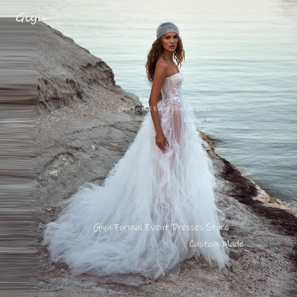

Giyu Fairy Soft Tulle A Line Wedding Dresses Vestido de noiva Strapless Ruffles Sweep Train Bridal Dress Vestido de noiva