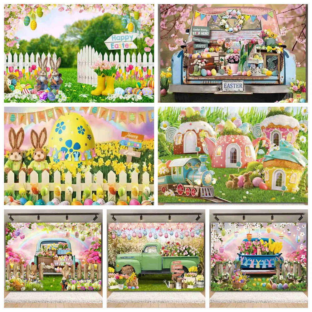 

Spring Happy Easter Bunny Children Party Photography Background Egg Rainbow Tulip Vintage Truck Decoration Banner Photo Props