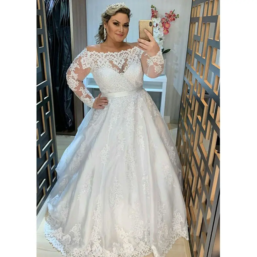 JIERUIZE Lace Appliques Plus Size Wedding Dresses Off The Shoulder Long Sleeves Bridal Gowns Lace Up Back Robe De Mariee