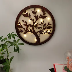 LED Trees and Green Leaves Round Warm Color Hanging Lights Home Decoration Wall Design Suitable for Kitchen, Bathroom，No Battery