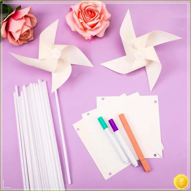 50Pcs DIY Kids Paper Pinwheels, White Blank Paper Pinwheels Blank Plastic Windmills Small Pinwheels For Kids Summer