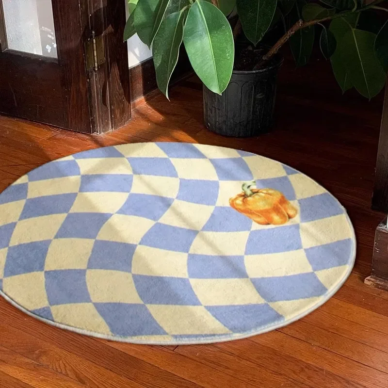 Round Rug, Checkered Pattern Floor Cushion for Bedroom, Coffee Table or Chair Decor, Trendy Home Accent Mat