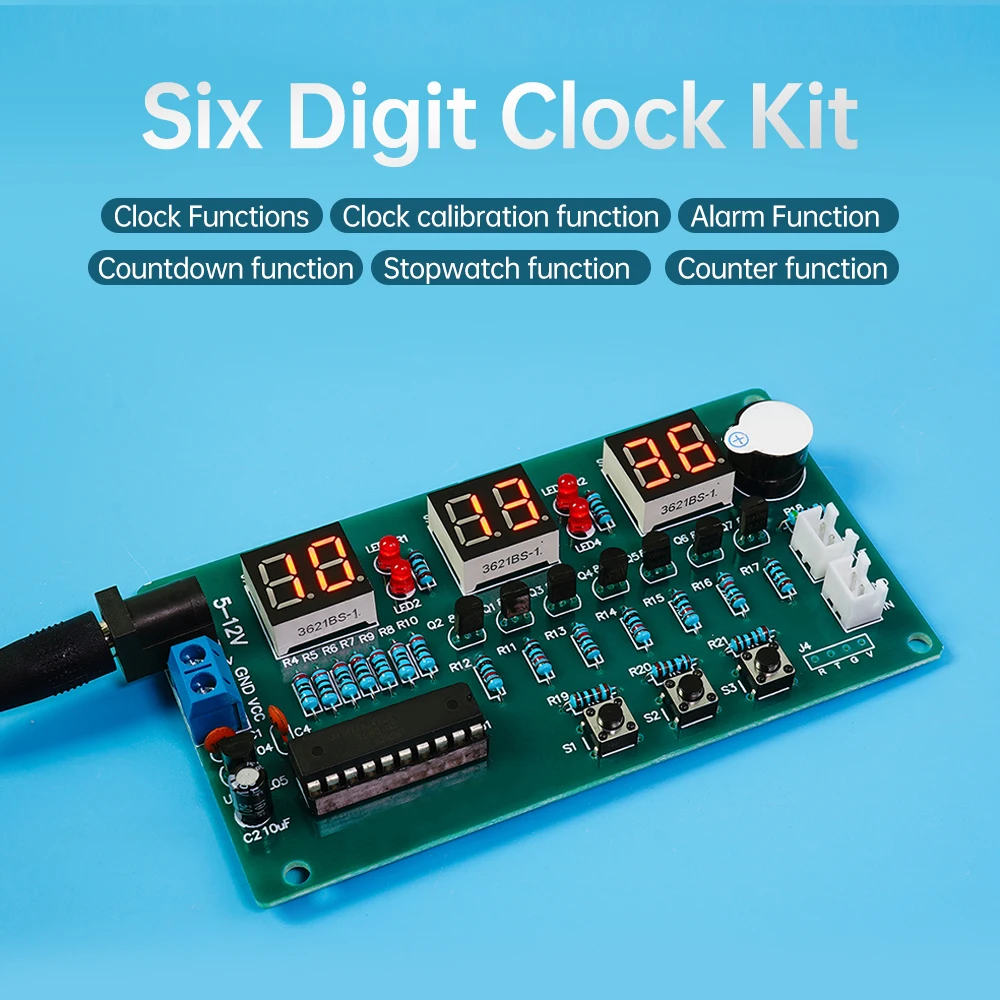 DIY Red Display 6 Digital Clock LED Module DC 5-12V 51 Microcontroller Electronic Clock Kit Welding Practice Electronic Kit