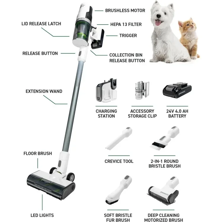 24V Brushless Cordless Stick Vacuum, Lightweight, Handheld, Pet, Anti-Allergen HEPA Filtration, Hard Floor, Carpet, Car, 4Ah