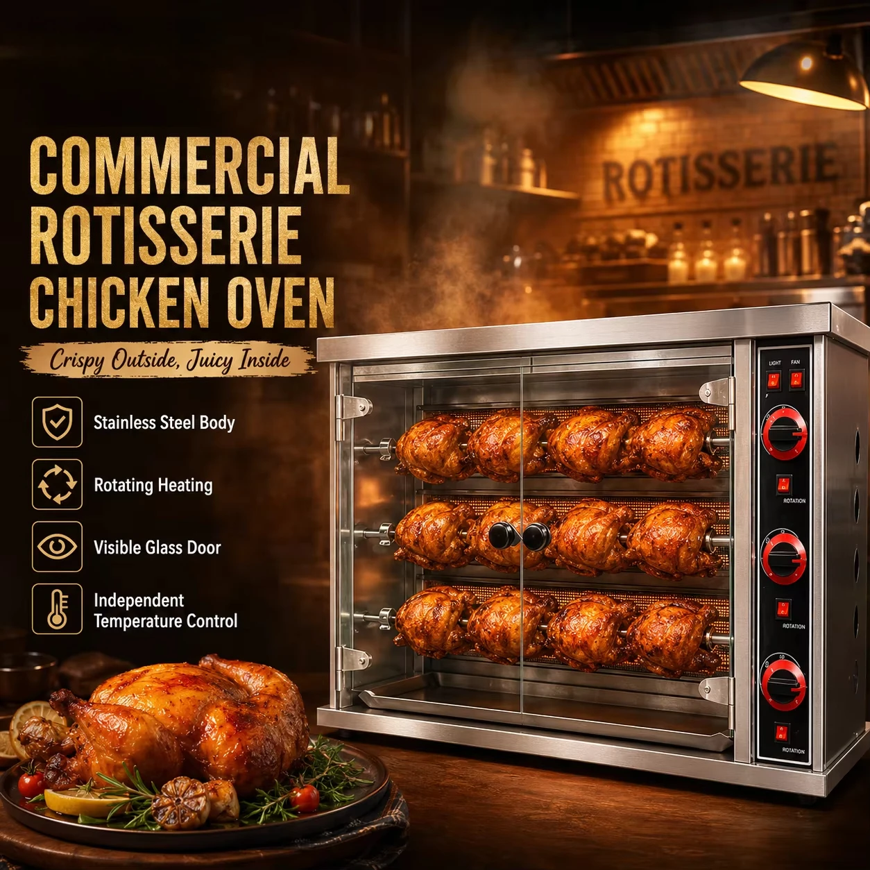 Automatic Stainless Steel Rotisserie Oven Countertop Chicken Roasting Machine Gas Rotary Poultry Roaster BBQ Grill Oven